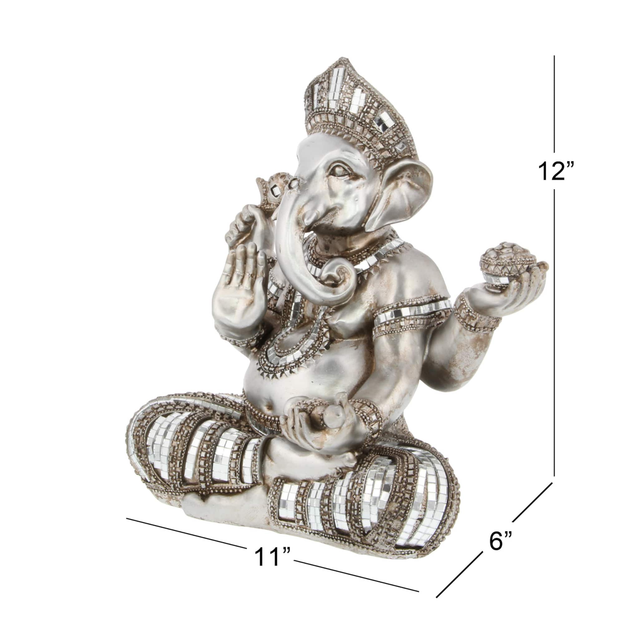 12" Silver Polystone Ganesh Meditating Sculpture